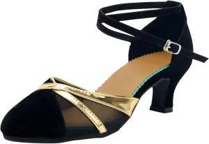 Women Rhinestone Ballroom Dance Shoes Latin Performance Dance Shoes T Strap Sandals for Women Heeled