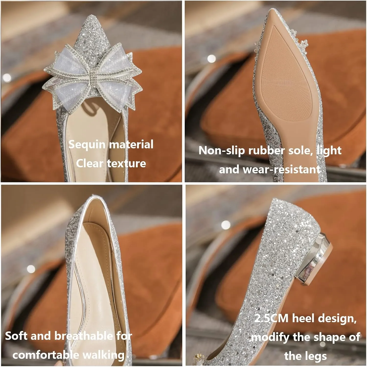 Women Sequins Flat Wedding Shoes Pointed Toe Low Heel Slip on Prom Evening Bridal Party Dress Flats with Rhinestone Bow