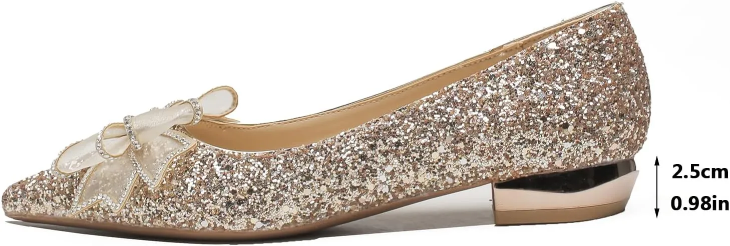 Women Sequins Flat Wedding Shoes Pointed Toe Low Heel Slip on Prom Evening Bridal Party Dress Flats with Rhinestone Bow