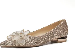 Women Sequins Flat Wedding Shoes Pointed Toe Low Heel Slip on Prom Evening Bridal Party Dress Flats with Rhinestone Bow