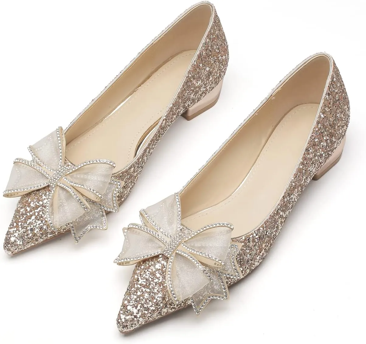 Women Sequins Flat Wedding Shoes Pointed Toe Low Heel Slip on Prom Evening Bridal Party Dress Flats with Rhinestone Bow