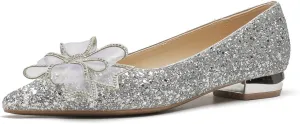 Women Sequins Flat Wedding Shoes Pointed Toe Low Heel Slip on Prom Evening Bridal Party Dress Flats with Rhinestone Bow