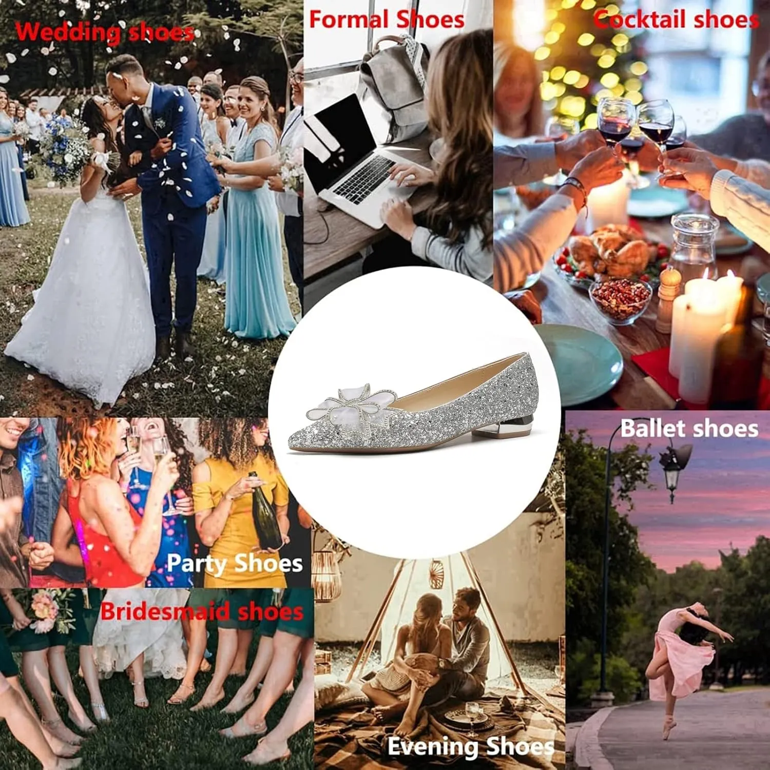 Women Sequins Flat Wedding Shoes Pointed Toe Low Heel Slip on Prom Evening Bridal Party Dress Flats with Rhinestone Bow