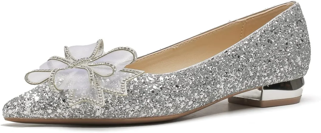 Women Sequins Flat Wedding Shoes Pointed Toe Low Heel Slip on Prom Evening Bridal Party Dress Flats with Rhinestone Bow
