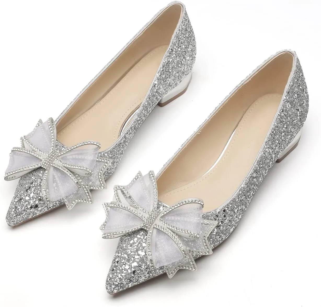 Women Sequins Flat Wedding Shoes Pointed Toe Low Heel Slip on Prom Evening Bridal Party Dress Flats with Rhinestone Bow