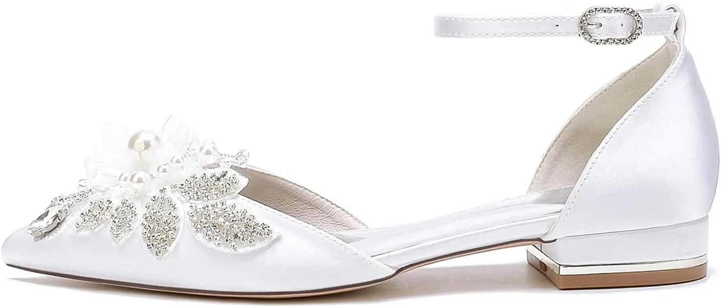Womens Ankle Strap Wedding Shoes Bridal Pointed Toe Wedding Flats Pearl Rhinestone Formal Prom Party Dress Ankle Strap Buckle Sandals
