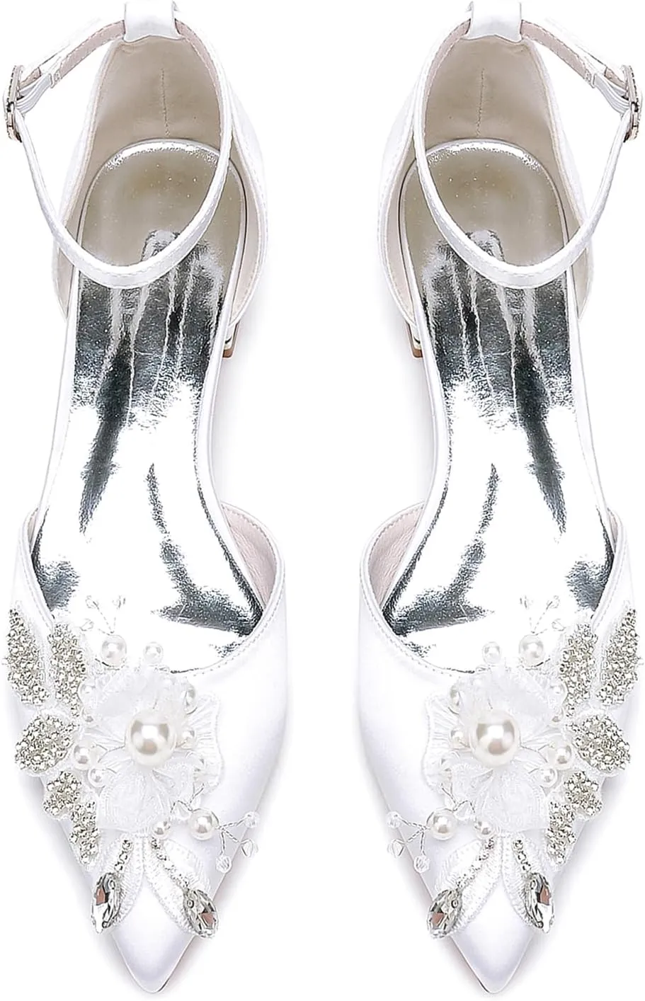 Womens Ankle Strap Wedding Shoes Bridal Pointed Toe Wedding Flats Pearl Rhinestone Formal Prom Party Dress Ankle Strap Buckle Sandals