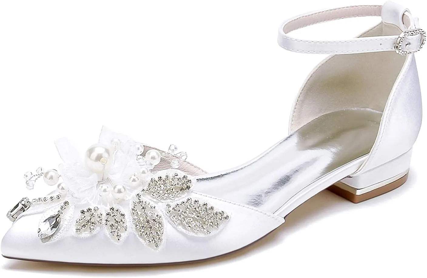 Womens Ankle Strap Wedding Shoes Bridal Pointed Toe Wedding Flats Pearl Rhinestone Formal Prom Party Dress Ankle Strap Buckle Sandals