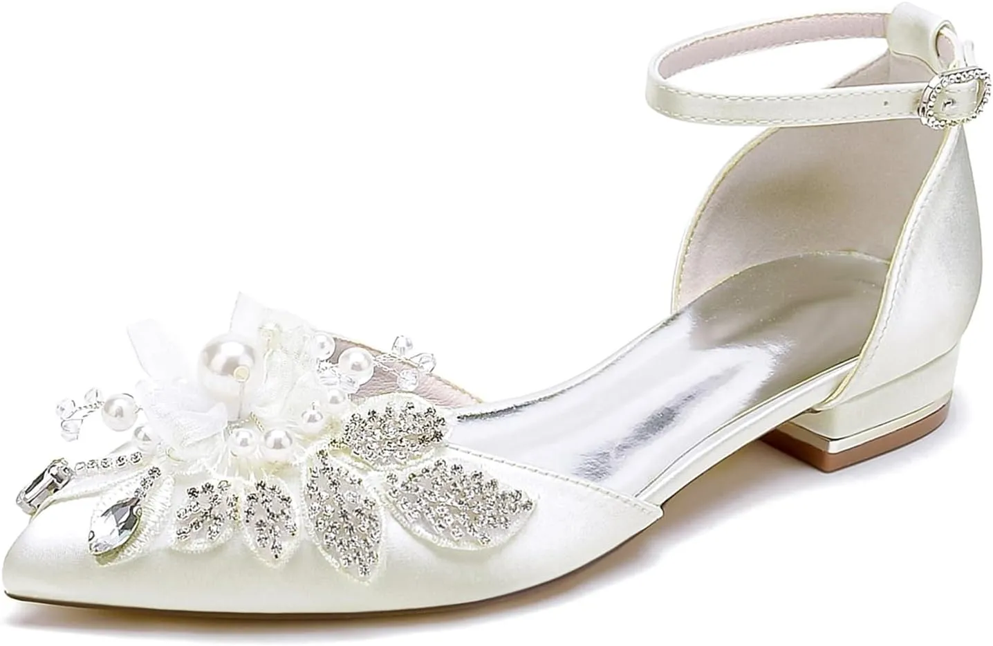 Womens Ankle Strap Wedding Shoes Bridal Pointed Toe Wedding Flats Pearl Rhinestone Formal Prom Party Dress Ankle Strap Buckle Sandals