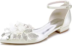 Womens Ankle Strap Wedding Shoes Bridal Pointed Toe Wedding Flats Pearl Rhinestone Formal Prom Party Dress Ankle Strap Buckle Sandals