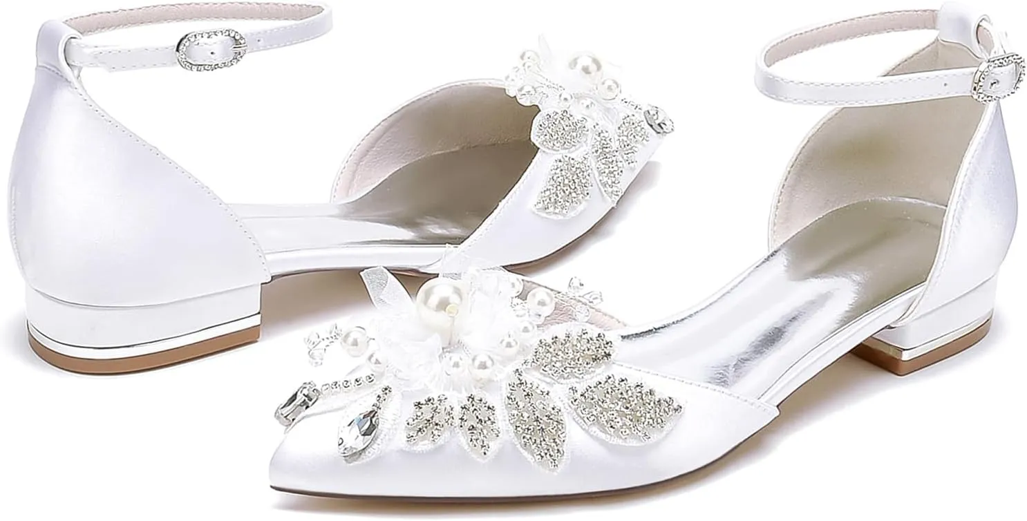 Womens Ankle Strap Wedding Shoes Bridal Pointed Toe Wedding Flats Pearl Rhinestone Formal Prom Party Dress Ankle Strap Buckle Sandals