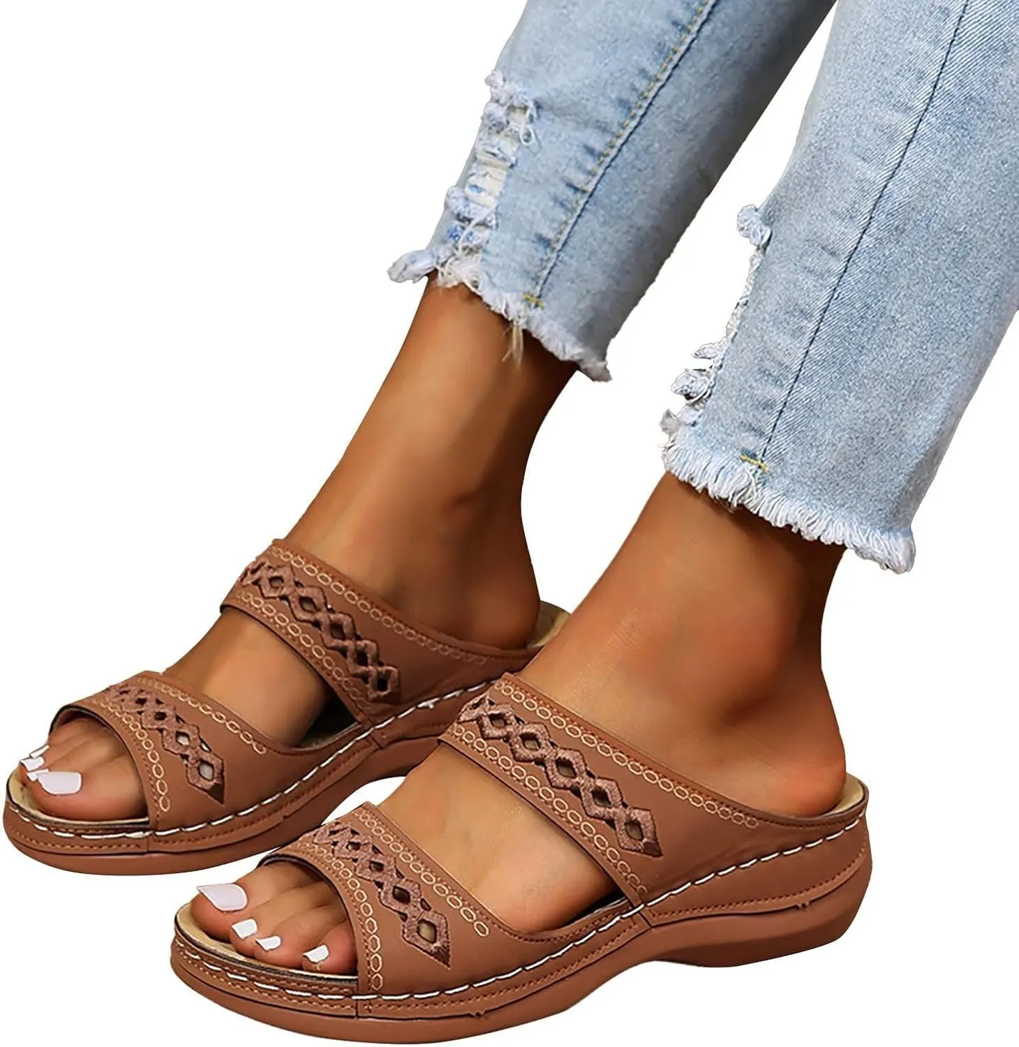 Women's Beige, Black, White Platform Wedge Sandals - Orthopedic Comfortable Arch Support - Slip On Dressy Summer Flip Flops - Casual Walking Wedges