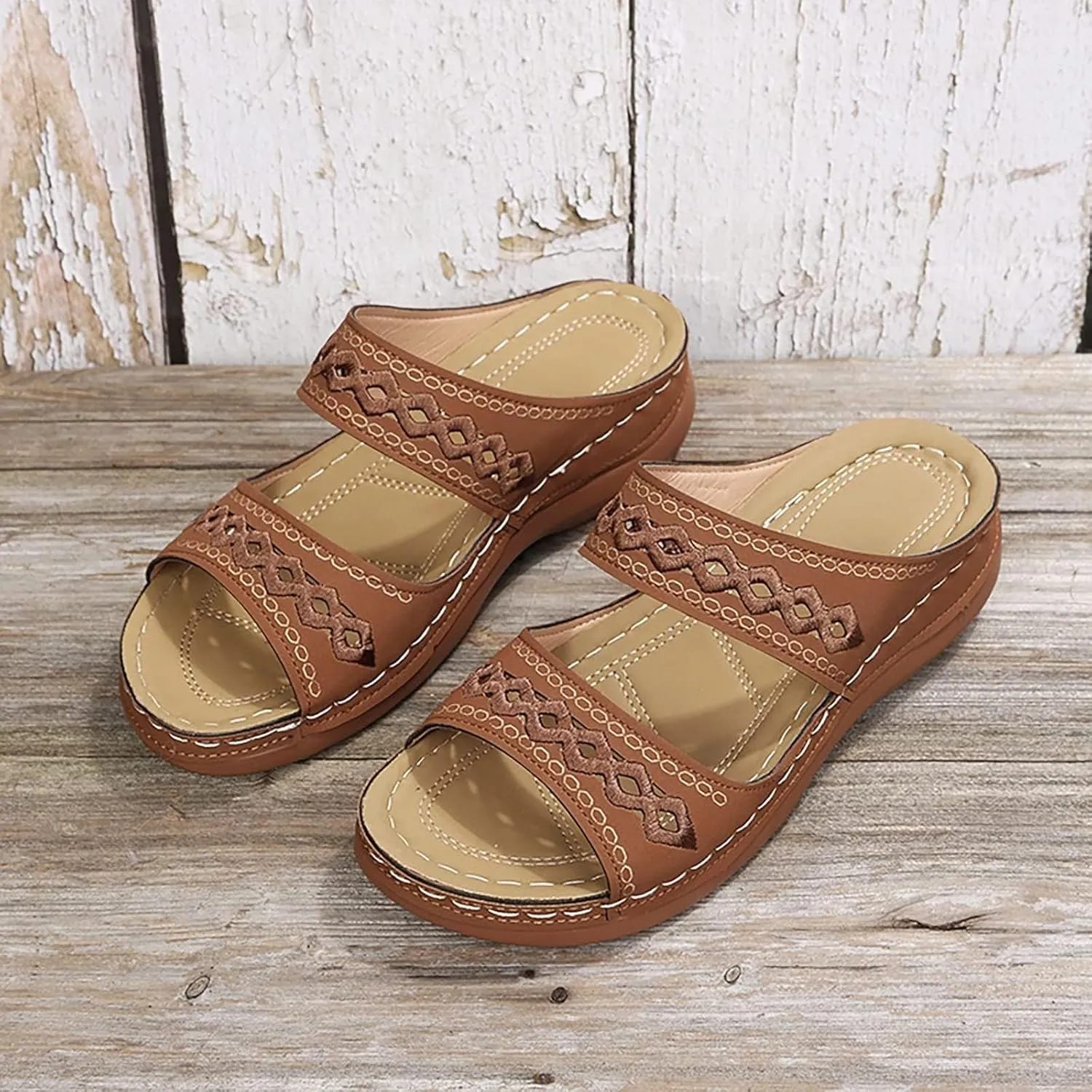 Women's Beige, Black, White Platform Wedge Sandals - Orthopedic Comfortable Arch Support - Slip On Dressy Summer Flip Flops - Casual Walking Wedges