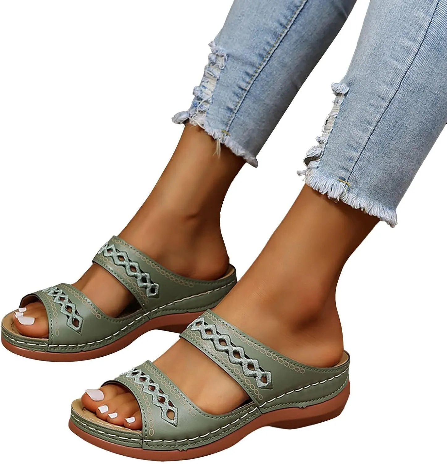 Women's Beige, Black, White Platform Wedge Sandals - Orthopedic Comfortable Arch Support - Slip On Dressy Summer Flip Flops - Casual Walking Wedges
