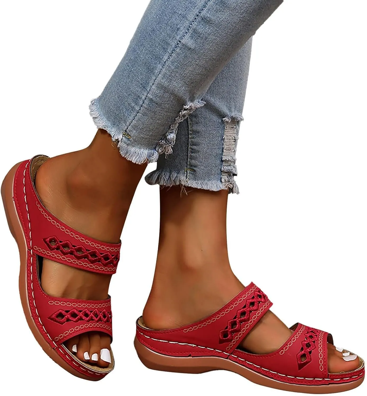 Women's Beige, Black, White Platform Wedge Sandals - Orthopedic Comfortable Arch Support - Slip On Dressy Summer Flip Flops - Casual Walking Wedges