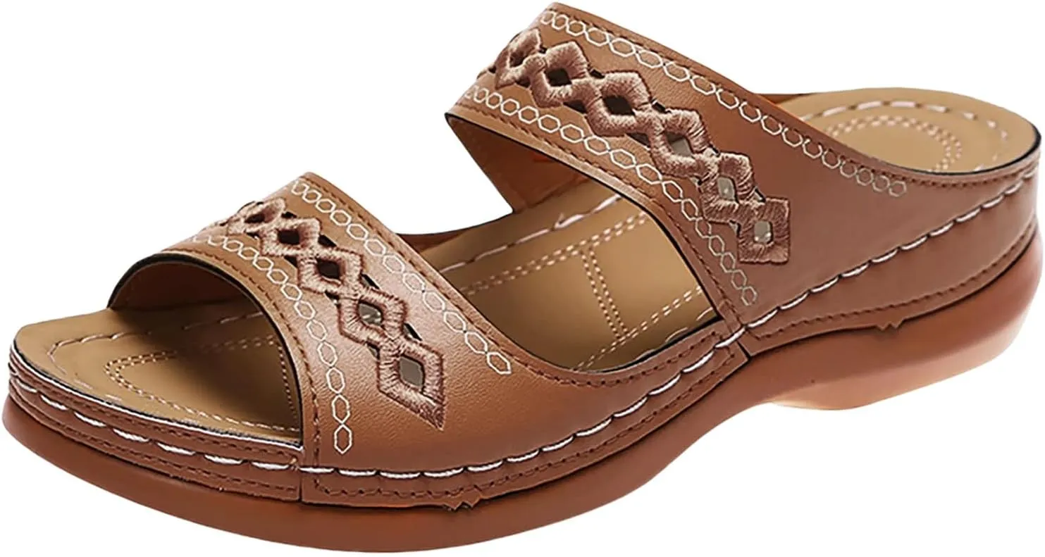 Women's Beige, Black, White Platform Wedge Sandals - Orthopedic Comfortable Arch Support - Slip On Dressy Summer Flip Flops - Casual Walking Wedges