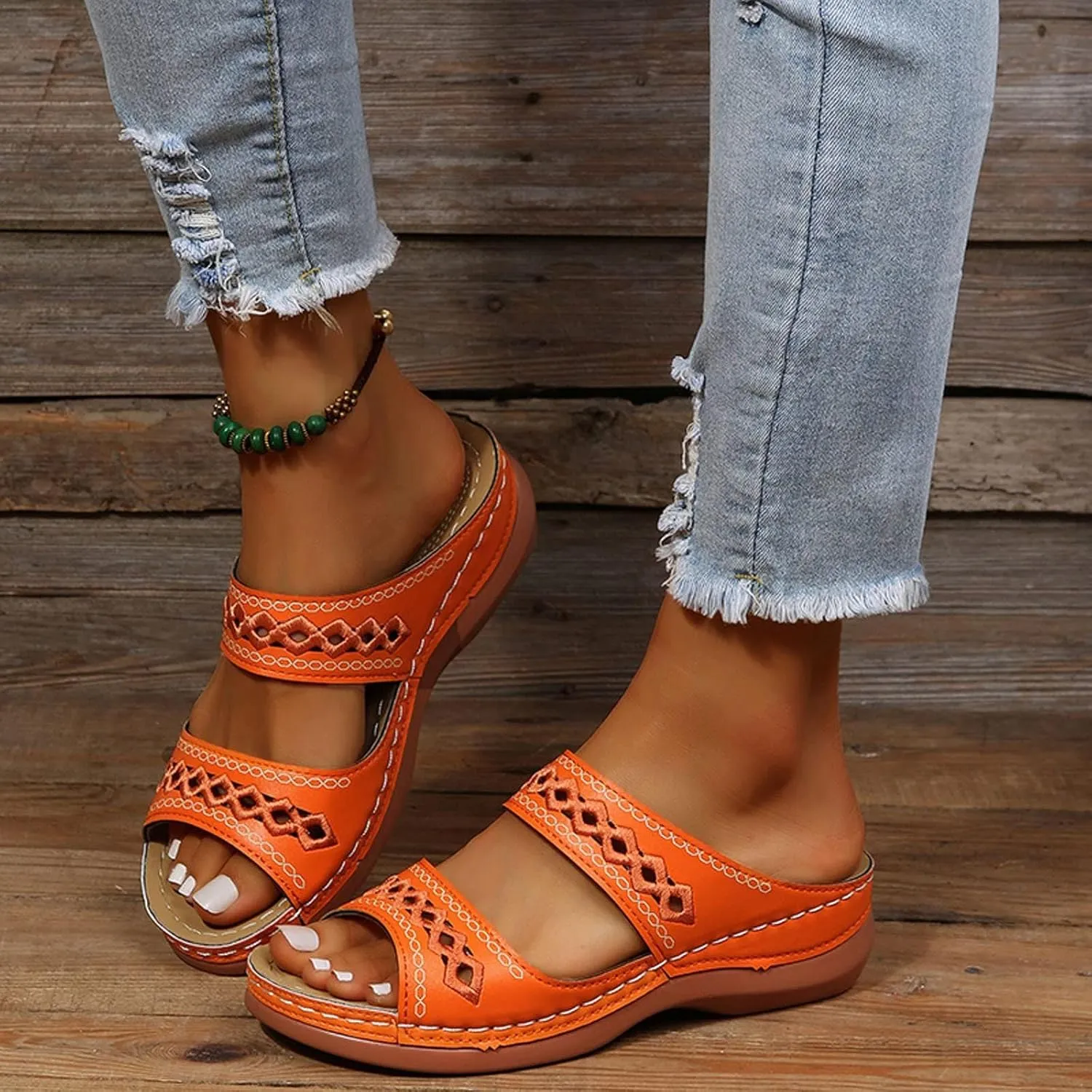 Women's Beige, Black, White Platform Wedge Sandals - Orthopedic Comfortable Arch Support - Slip On Dressy Summer Flip Flops - Casual Walking Wedges