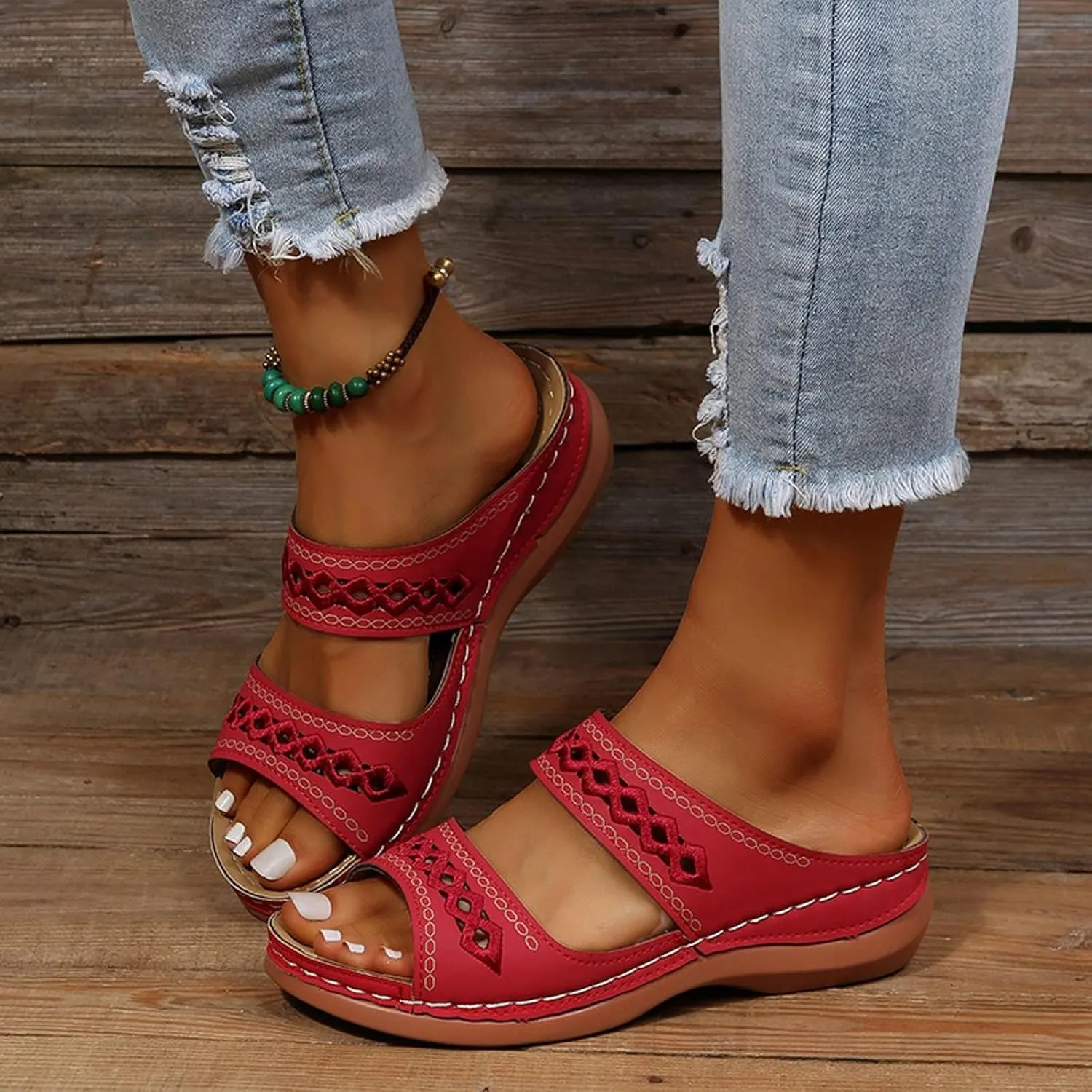 Women's Beige, Black, White Platform Wedge Sandals - Orthopedic Comfortable Arch Support - Slip On Dressy Summer Flip Flops - Casual Walking Wedges