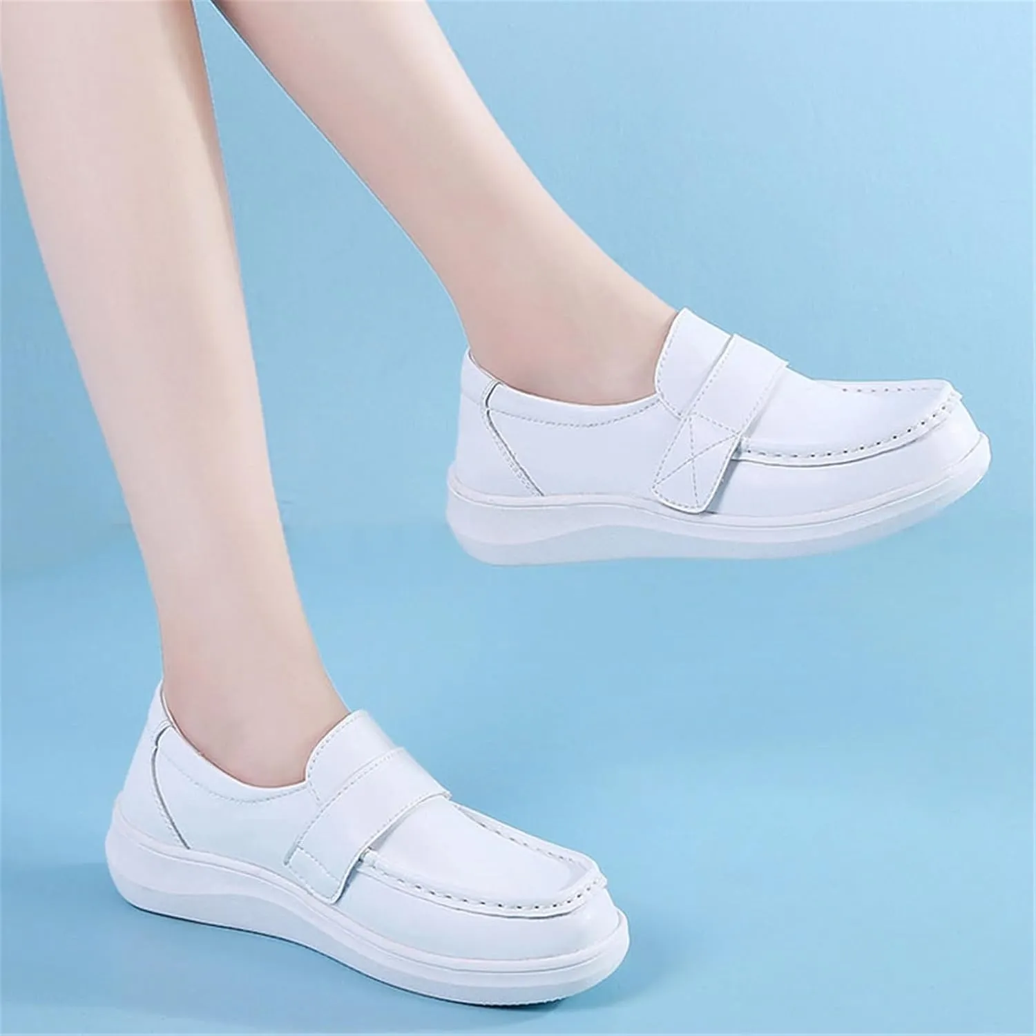 Women's Casual Loafers Cute, Women's Air Cushion Adjustable Soft Bottom Breathable Leather Flats Nurse Shoes, Spring Summer Non-Slip Arch Support Loafers, for Medical Work Care