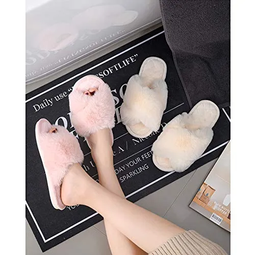 Women's Fluffy Fuzzy House Slippers - Cross Band Furry Open Toe Shoes Faux Rabbit Fur, Anti-Slip Sole Indoor Outdoor Slides with Memory Foam Beige