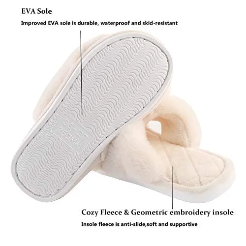 Women's Fluffy Fuzzy House Slippers - Cross Band Furry Open Toe Shoes Faux Rabbit Fur, Anti-Slip Sole Indoor Outdoor Slides with Memory Foam Beige