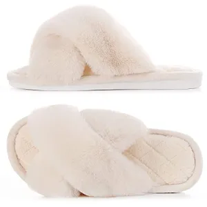 Women's Fluffy Fuzzy House Slippers - Cross Band Furry Open Toe Shoes Faux Rabbit Fur, Anti-Slip Sole Indoor Outdoor Slides with Memory Foam Beige