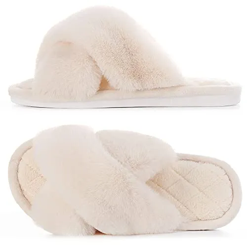 Women's Fluffy Fuzzy House Slippers - Cross Band Furry Open Toe Shoes Faux Rabbit Fur, Anti-Slip Sole Indoor Outdoor Slides with Memory Foam Beige