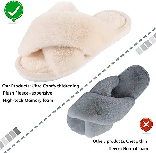Women's Fluffy Fuzzy House Slippers - Cross Band Furry Open Toe Shoes Faux Rabbit Fur, Anti-Slip Sole Indoor Outdoor Slides with Memory Foam Beige