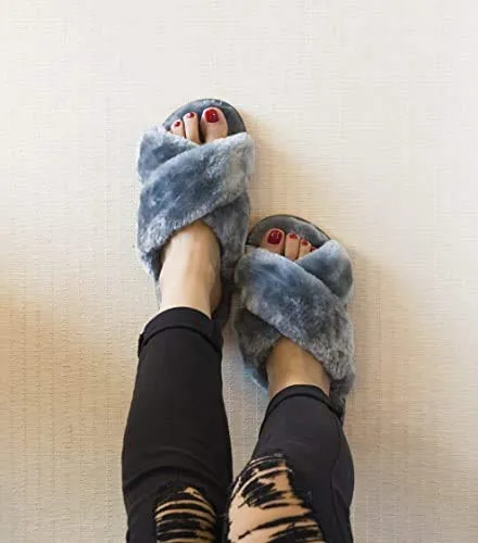 Women's Fuzzy Crossband Fluffy Furry Fur Slippers Flip Flop Winter Warm Cozy House Memory Foam Sandals Slides Soft Flat Comfy Anti-Slip Spa Indoor Outdoor Slip on (06/Grey, 8.5-9.5)