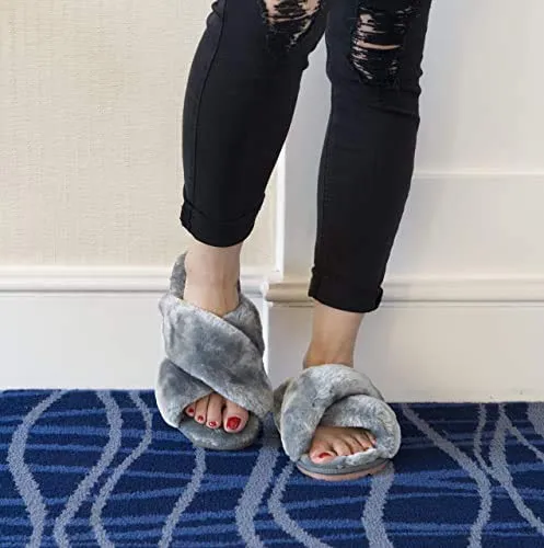 Women's Fuzzy Crossband Fluffy Furry Fur Slippers Flip Flop Winter Warm Cozy House Memory Foam Sandals Slides Soft Flat Comfy Anti-Slip Spa Indoor Outdoor Slip on (06/Grey, 8.5-9.5)