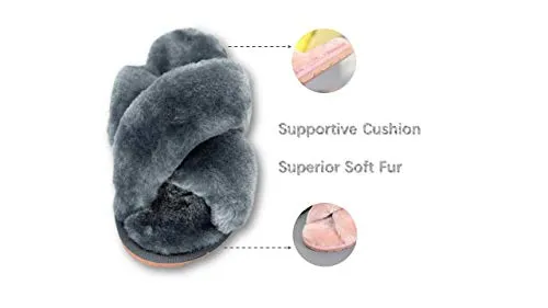 Women's Fuzzy Crossband Fluffy Furry Fur Slippers Flip Flop Winter Warm Cozy House Memory Foam Sandals Slides Soft Flat Comfy Anti-Slip Spa Indoor Outdoor Slip on (06/Grey, 8.5-9.5)