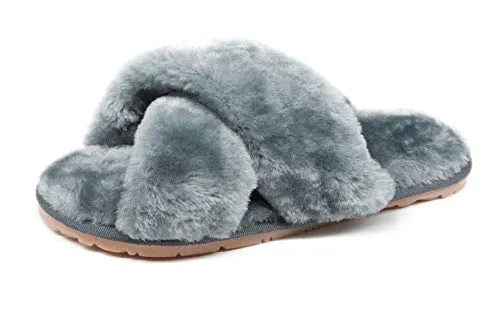 Women's Fuzzy Crossband Fluffy Furry Fur Slippers Flip Flop Winter Warm Cozy House Memory Foam Sandals Slides Soft Flat Comfy Anti-Slip Spa Indoor Outdoor Slip on (06/Grey, 8.5-9.5)