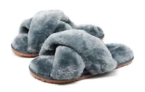 Women's Fuzzy Crossband Fluffy Furry Fur Slippers Flip Flop Winter Warm Cozy House Memory Foam Sandals Slides Soft Flat Comfy Anti-Slip Spa Indoor Outdoor Slip on (06/Grey, 8.5-9.5)