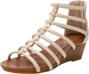 Womens Gladiator Sandals Zipper Strappy Wedge Sandal Roman Shoes Low Heel Open Toe Slip On Wedges Sandals Arch Support Casual Walking Comfortable Retro Elegant Footwear Summer Beach Soft Sandal