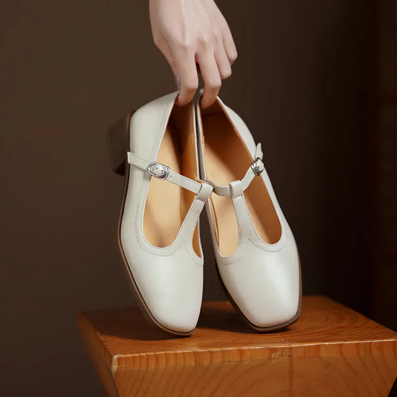 Womens Handmade Sheepskin Leather Square-Toe T-Strap Mary Jane Shoes