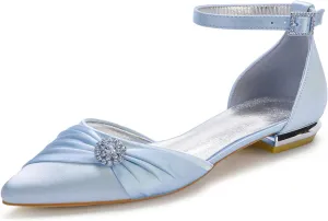 Women's Wedding Shoes for Bride Flats Pointed Toe Satin Bridal Flat Crystals Ankle Strap Dress Shoes Formal Prom Party Pumps