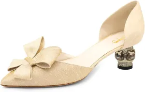 XYD Women D'Orsay Crystal Chunky Heel Bridal Bowknot Pumps Elegant Pointed Toe Wedding Prom Shoes