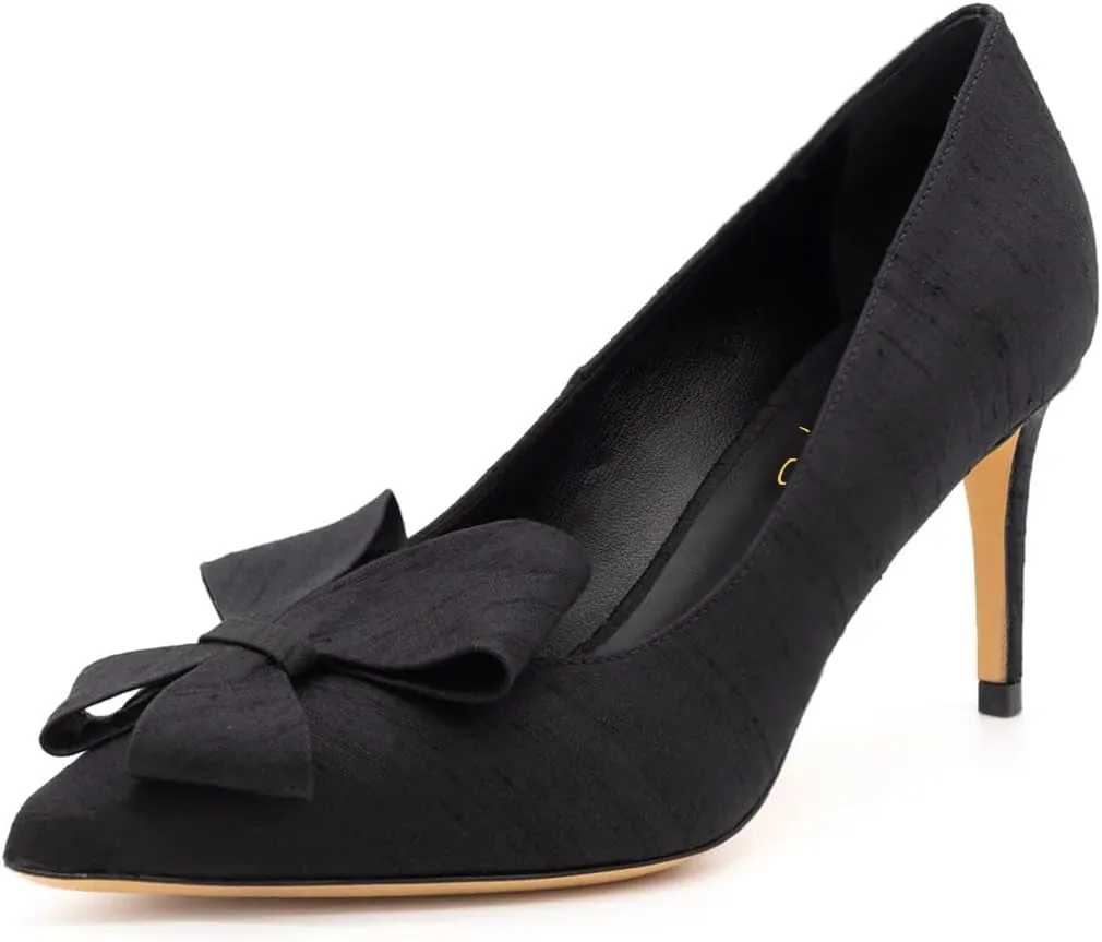 XYD Women Mid Heels Bridal Bowknot Pumps Elegant Pointed Closed Toe Slip-ons Wedding Prom Shoes