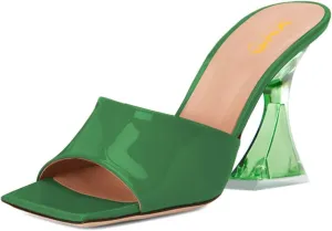 XYD Women's Clear High Block Heels Mules Open Square Toe Slip On Comfort Sexy Dress Pumps Sandals Evening Party Prom Shoes